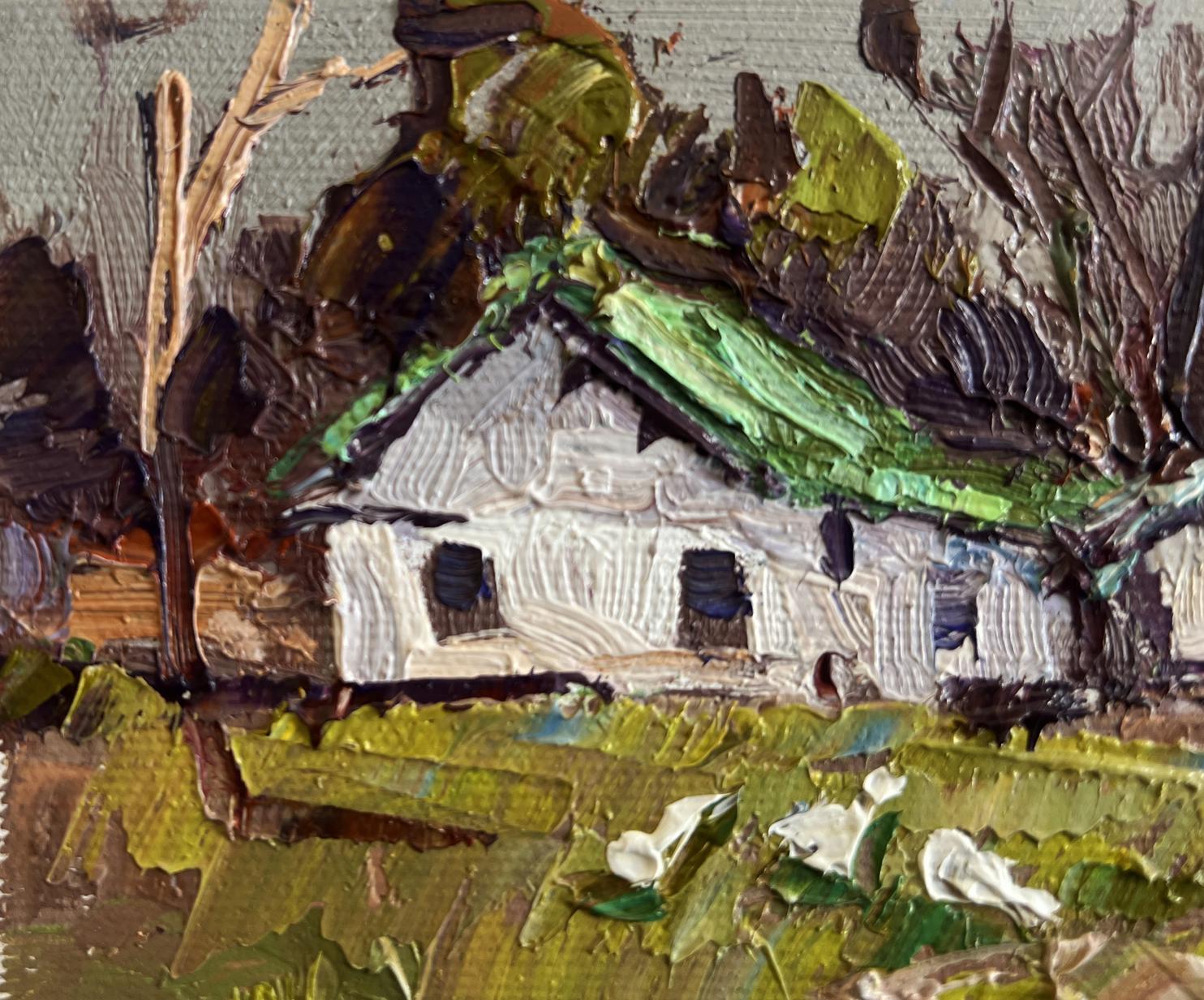 Oil painting Near the village lake by Oksana Ivanyuk: white house with green roof