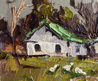 Oil painting Near the village lake by Oksana Ivanyuk: white house with green roof
