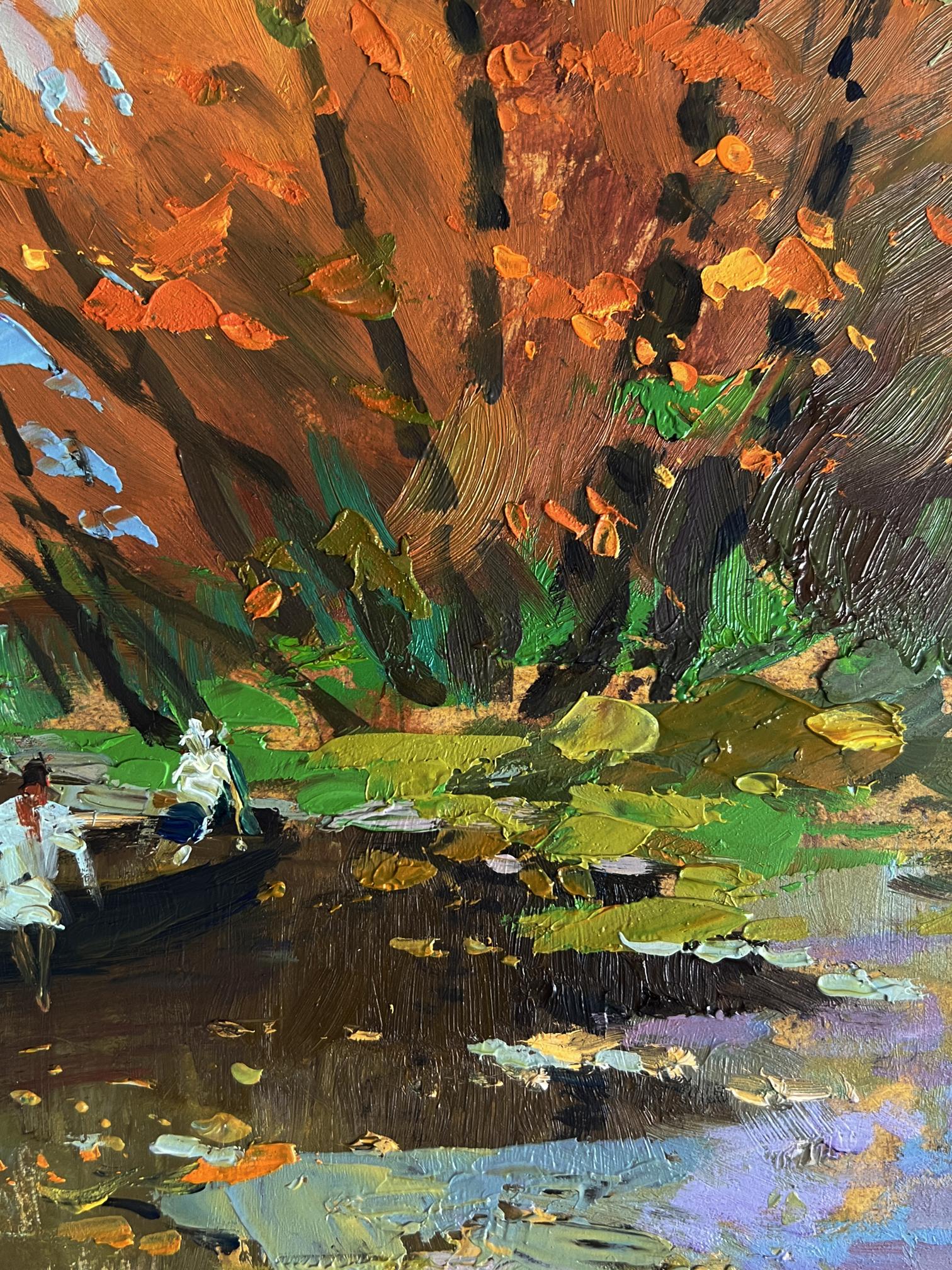 Vibrant impressionist oil painting On the autumn river by Yuriy Suprunchuk