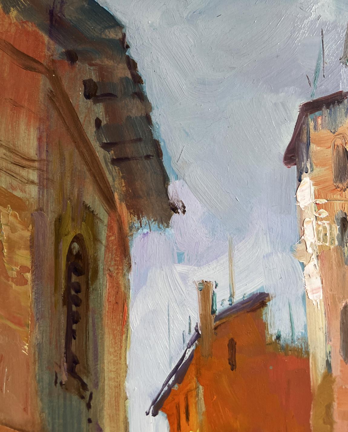 Textured oil painting by Yuriy Suprunchuk of sunlit European street