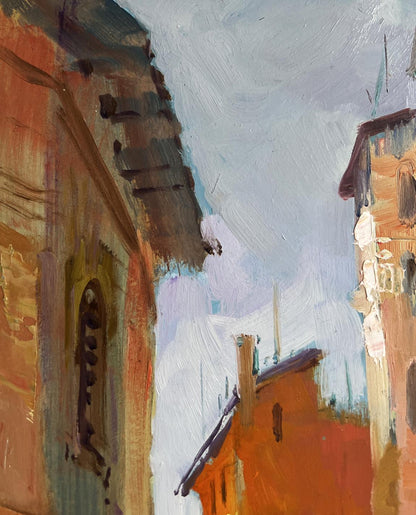 Textured oil painting by Yuriy Suprunchuk of sunlit European street