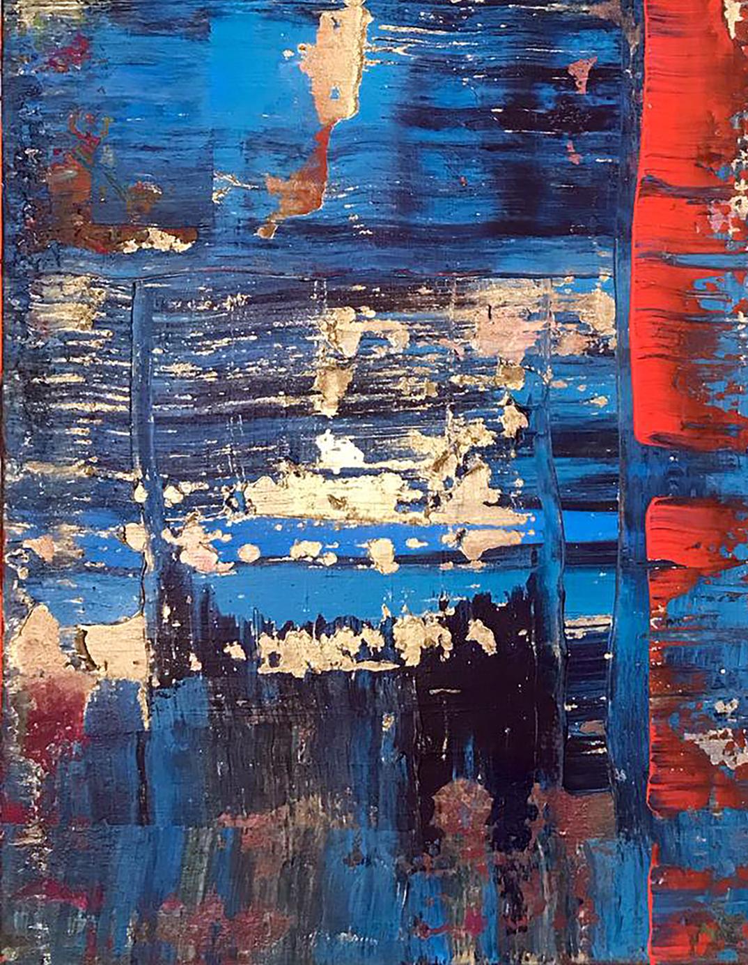 Abstract Pleasure by Olga Melezhik: bold blue, red, gold brushstrokes