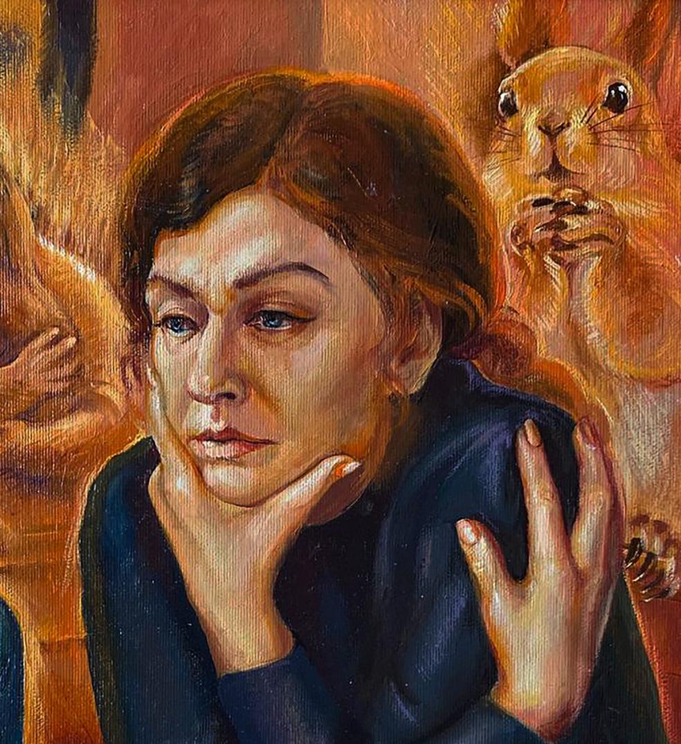 Oil painting After absinthe Natalia Bulat: warm-toned woman with brown hair, blue eyes in navy garment