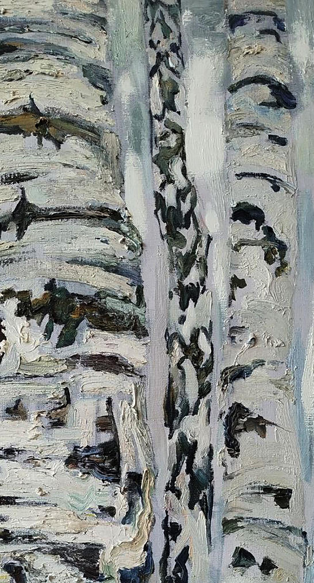 Oil painting of white birch trunks by Leonid Pavlenko