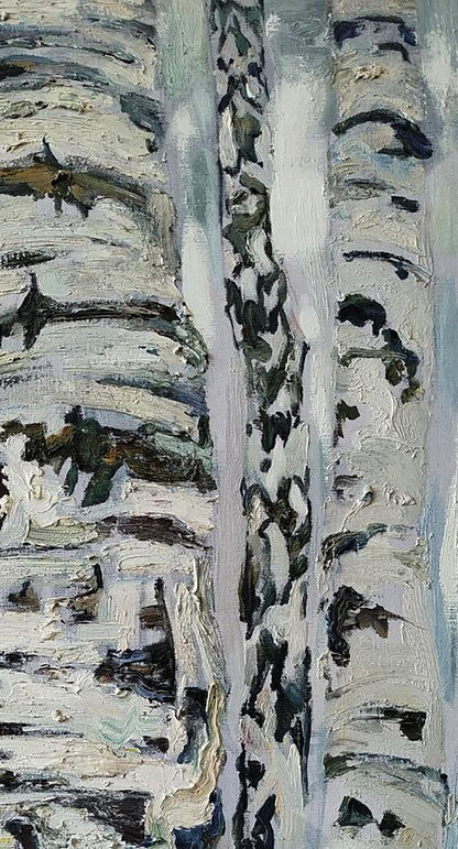 Oil painting of white birch trunks by Leonid Pavlenko