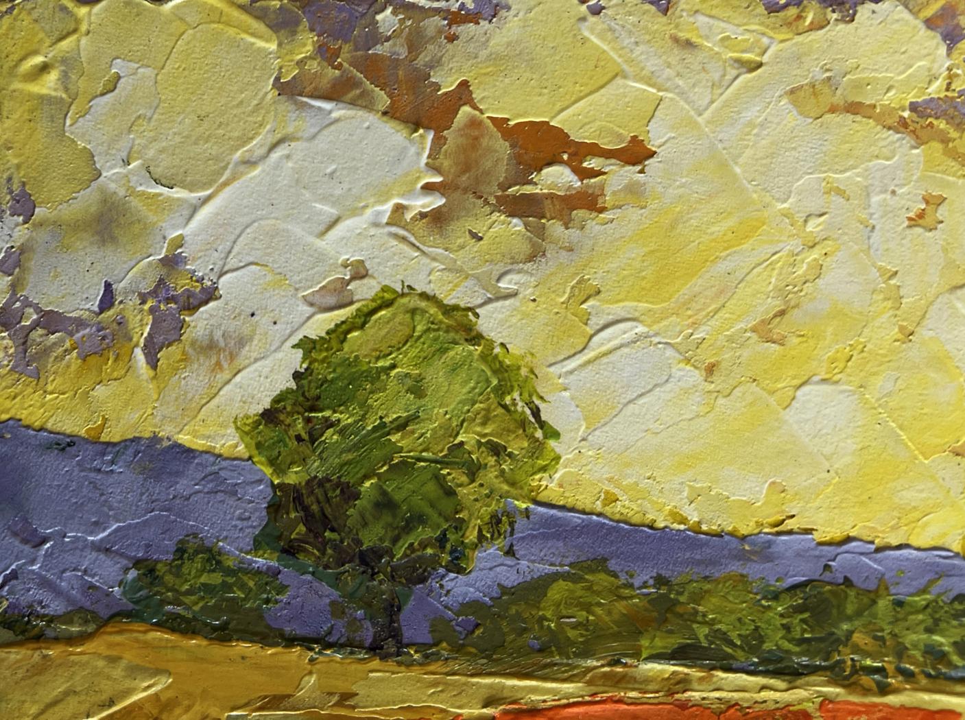 Oil painting of green tree in flower meadows at sunset by V. Zadorozhnya
