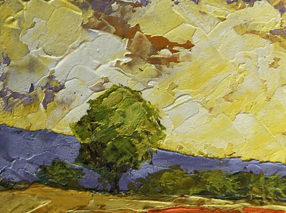 Oil painting of green tree in flower meadows at sunset by V. Zadorozhnya
