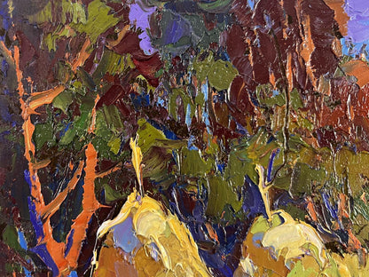 Oil painting Autumn Silence by Oksana Ivanyuk: vibrant forest scene