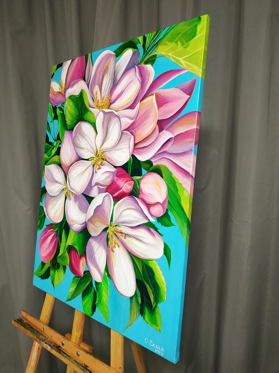 Oil painting Delicate spring flowers by Oksana Sklym on easel