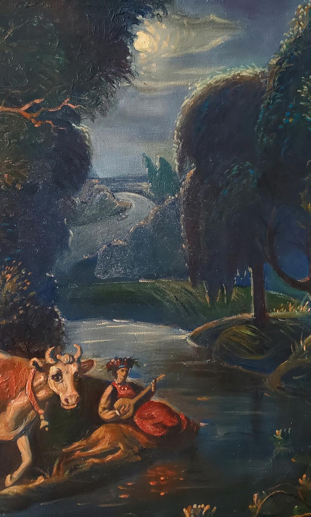 Oil painting Fairytale night in the forest by Daniil Litvinov: moonlit woman in red dress and cow by river