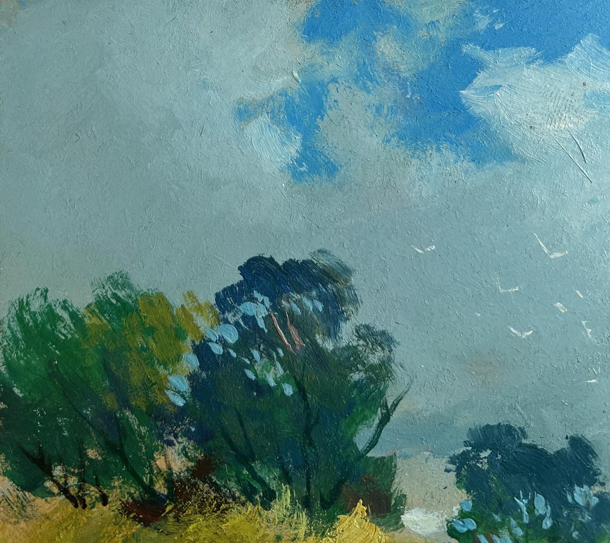 Oil painting Warm breath of the field by Yuriy Suprunchuk, dark green trees under cloudy sky