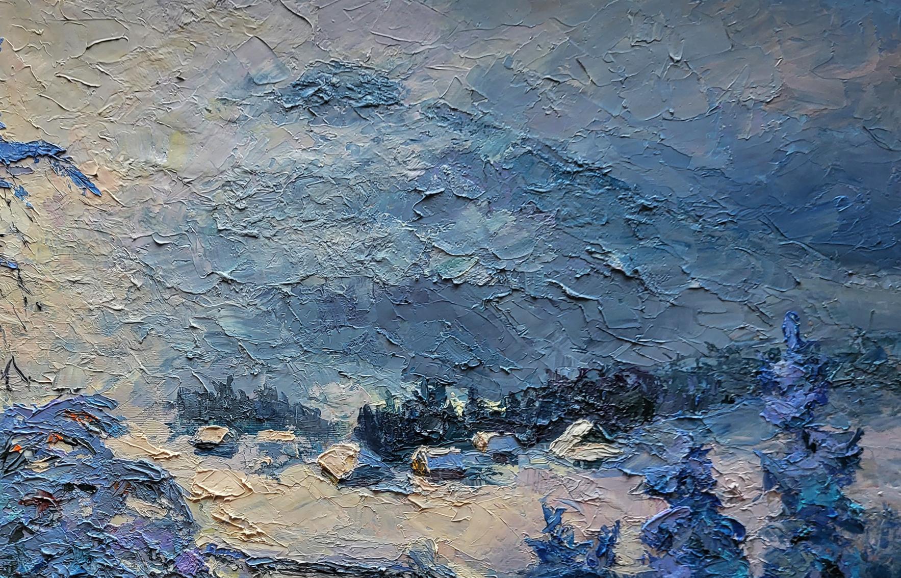 Oil painting In the winter mountains by Boris Serdyuk, impasto blues and grays