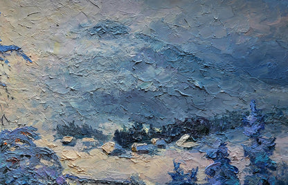 Oil painting In the winter mountains by Boris Serdyuk, impasto blues and grays