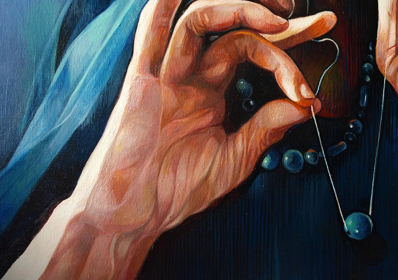 Oil painting Balances Konsta G. Amelinn: hand holding silver chain with blue beads