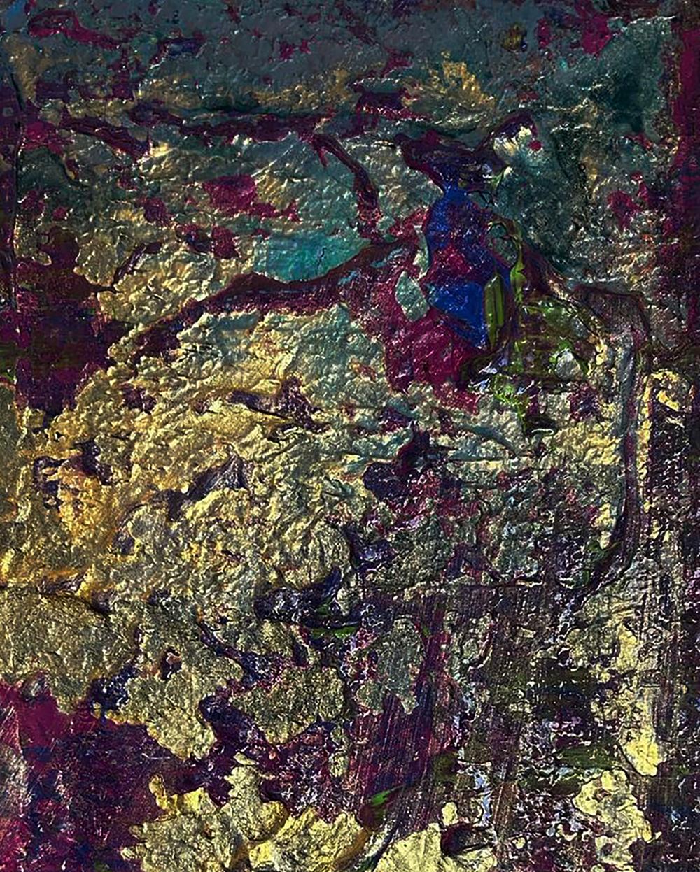 Golden lilac acrylic painting by Olga Melezhik with gold leaf accents