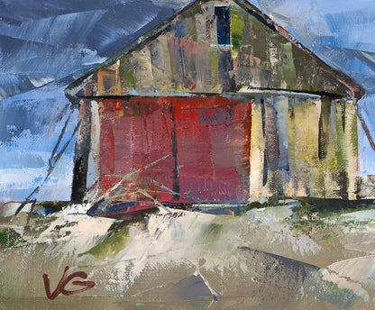 Oil painting Seasonal Wind by Volodymyr Gluhomanyuk: weathered barn with red door