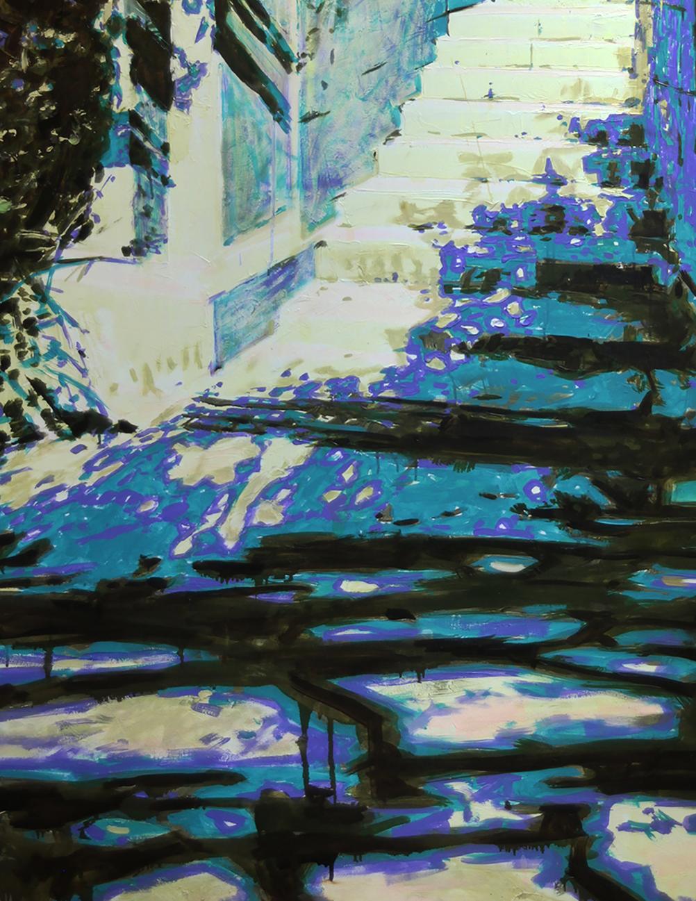 Oil painting Midday by Ed Potapenkov: vibrant blue teal black cobblestone alley
