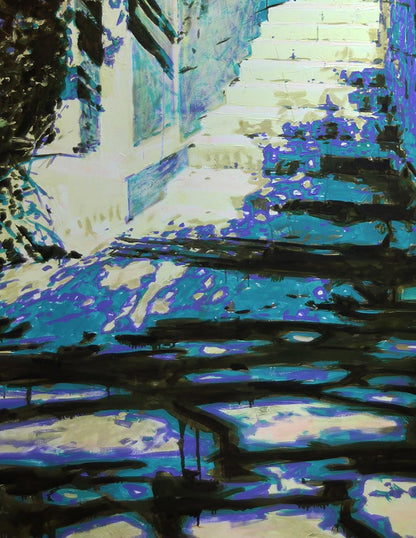 Oil painting Midday by Ed Potapenkov: vibrant blue teal black cobblestone alley