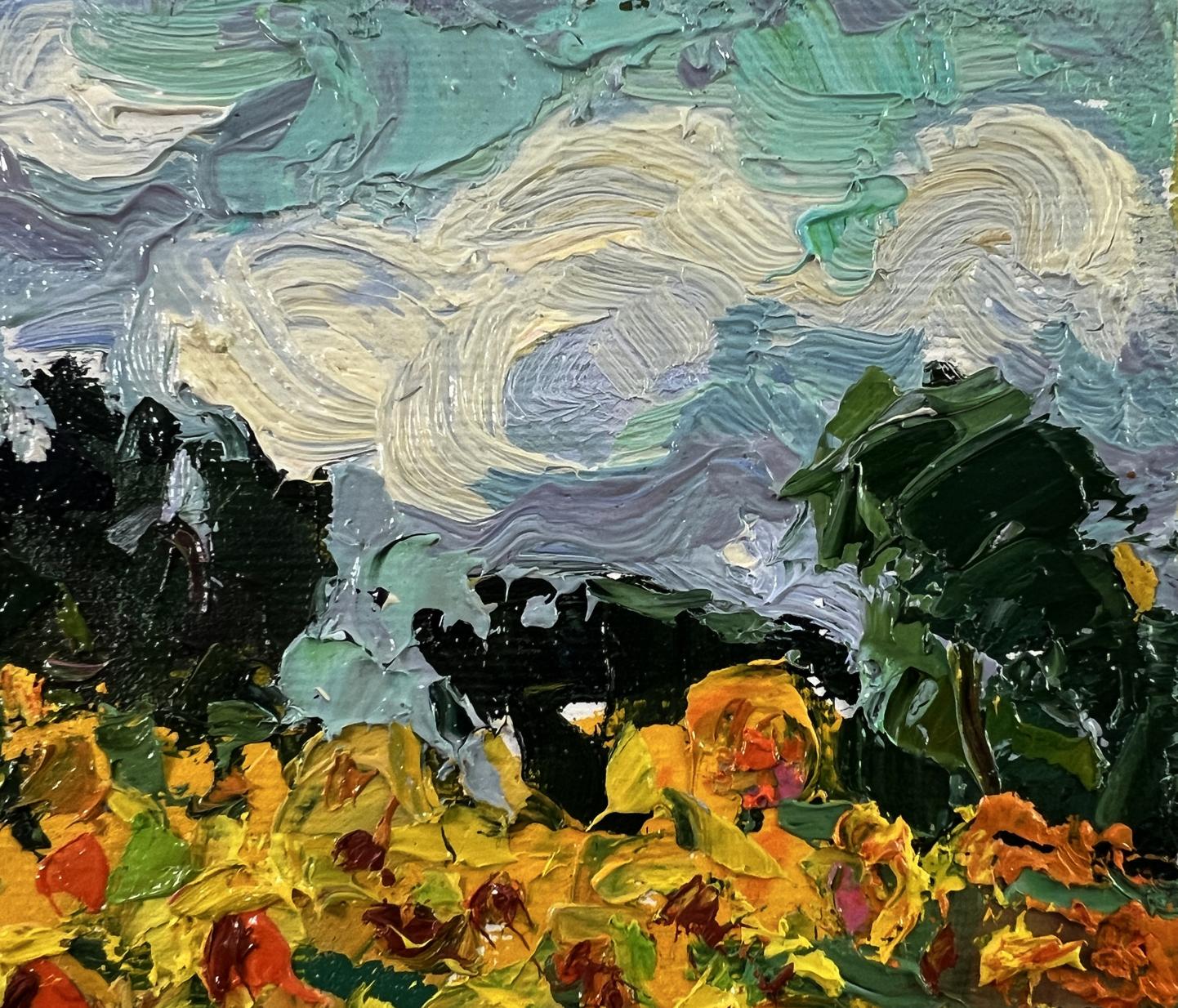 Impressionistic oil painting of sunflower field by Oksana Ivanyuk