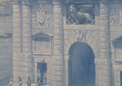 Oil painting Entering the city by Vasily Korkishko: stone archway with carved lion and shield
