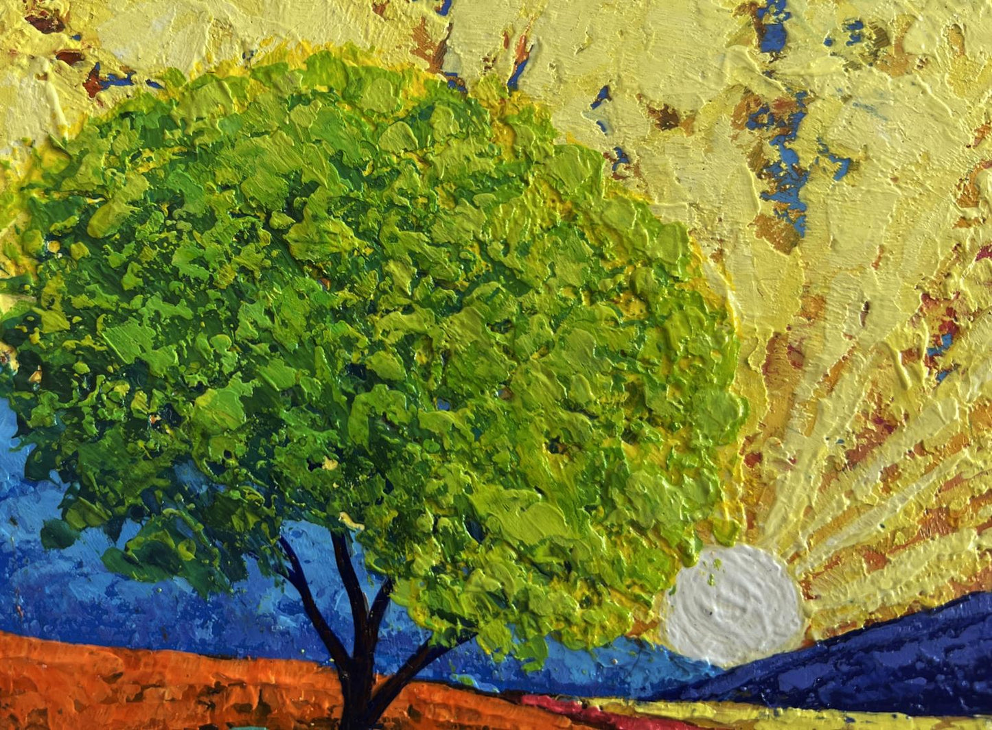 Vibrant green tree by V. Zadorozhnya in impasto sunset oil painting