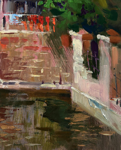 Vibrant impressionist oil painting of Yuriy Suprunchuk city canal reflections