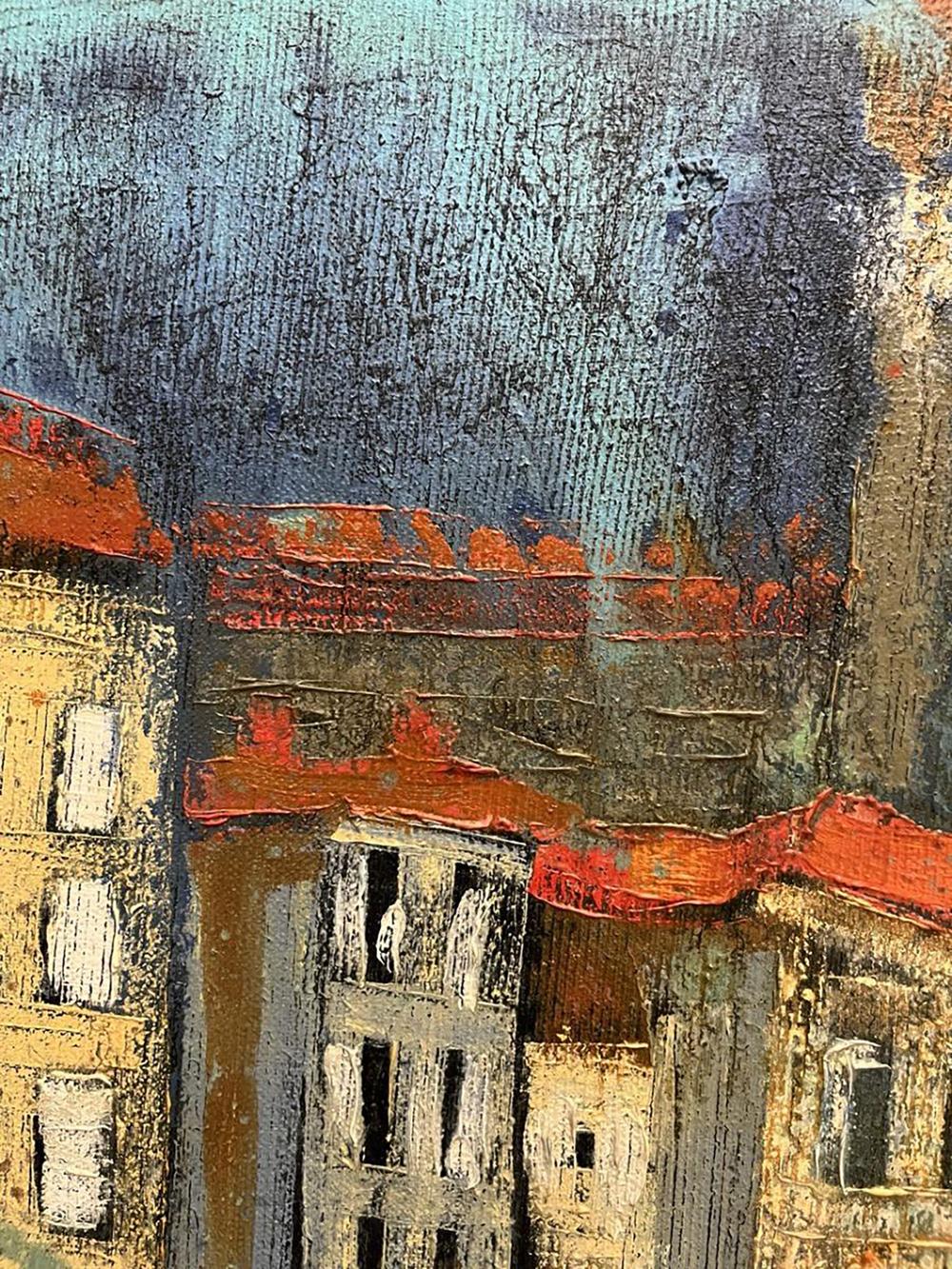 Oil painting Outside after the rain by Serhiy Kovalev, abstract blues, grays, orange-red roofs