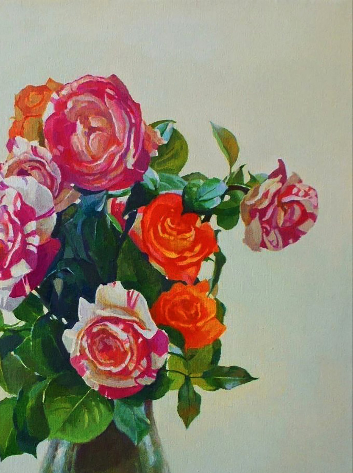 Oil painting of vibrant pink-to-orange roses in vase by Anastasia Yaroshevich