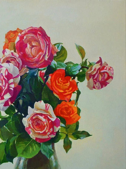 Oil painting of vibrant pink-to-orange roses in vase by Anastasia Yaroshevich