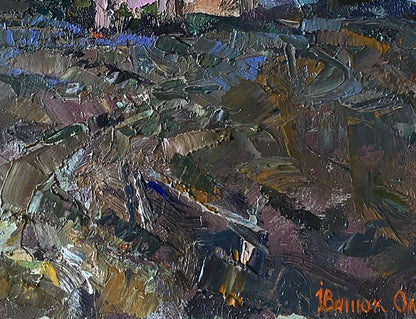 Impasto oil painting Moon morning by Oleksiy Ivanyuk, textured landscape