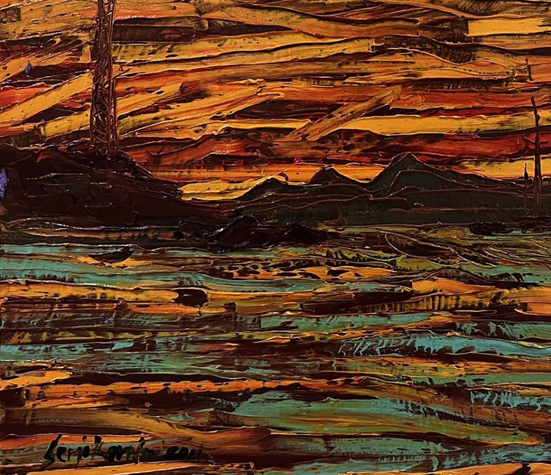 Vibrant Reflexo oil painting by Serhiy Kovalev with fiery oranges and textured greens