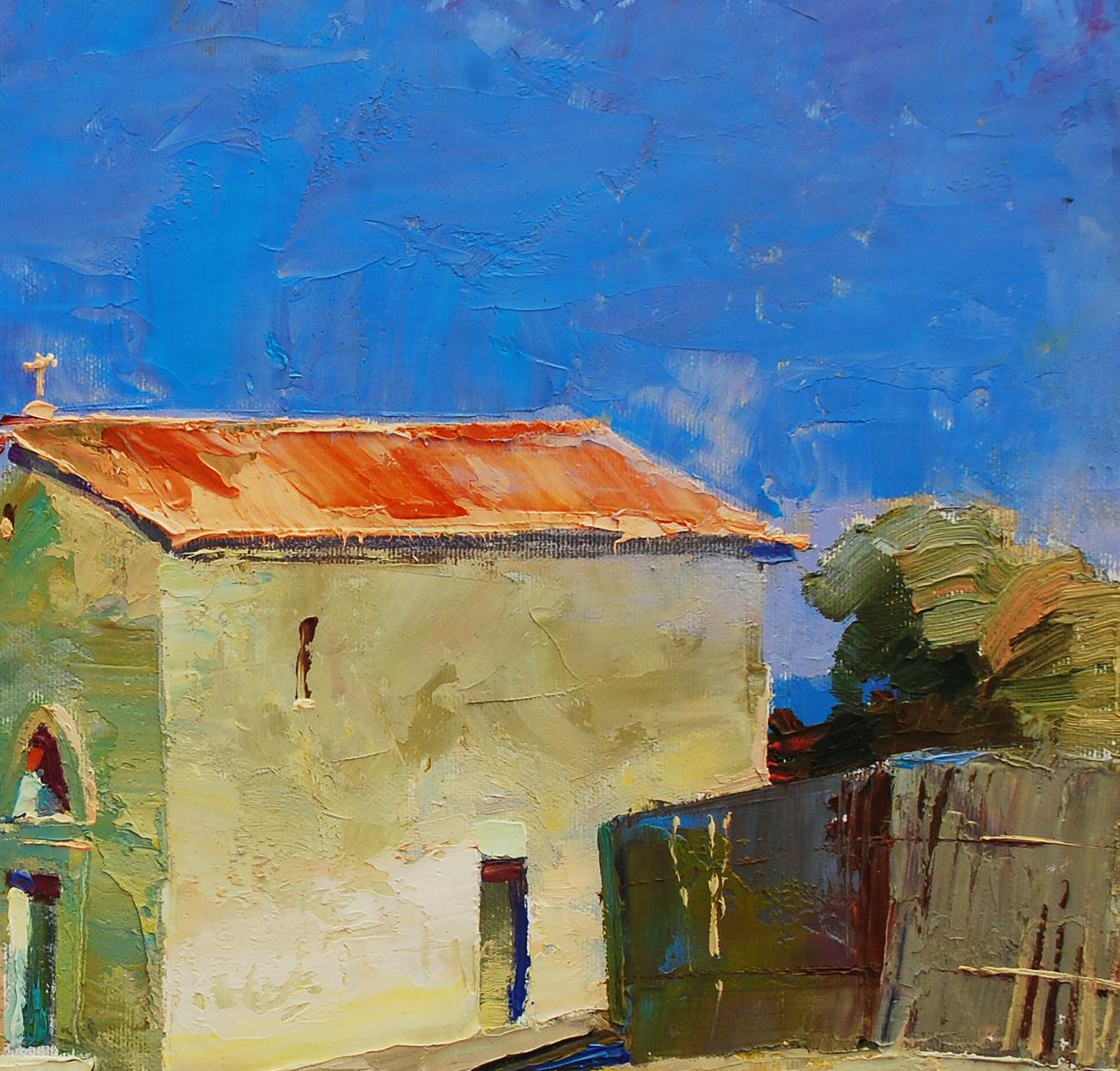 Oil painting of whitewashed fortress stone building by Egor Shvachunov