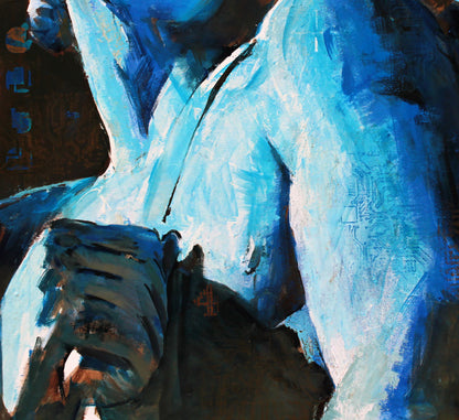 Vibrant blue abstract oil painting Angel Ed Potapenkov with bold brushstrokes