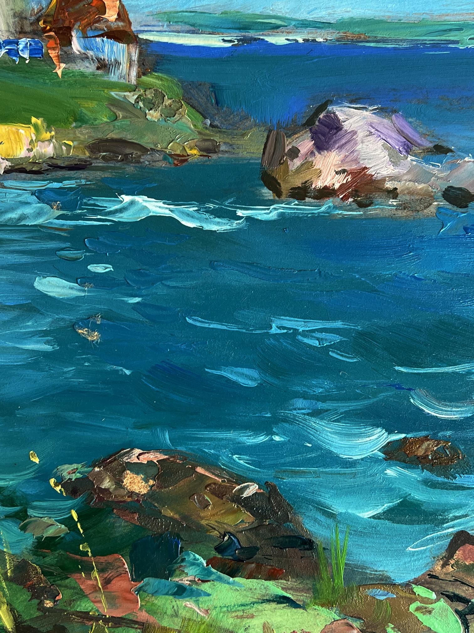 Impressionistic oil painting of vibrant blue ocean, waves, rocky shores, and sea lighthouse by Yuriy Suprunchuk