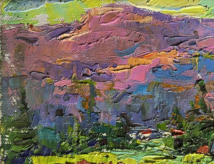 Vibrant impasto oil painting of Oleksiy Ivanyuk mountains in summer sun