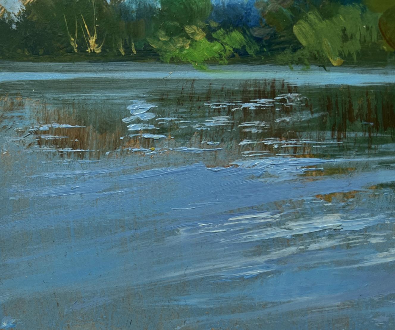 Oil painting River in green embrace by Yuriy Suprunchuk, tranquil lake scene