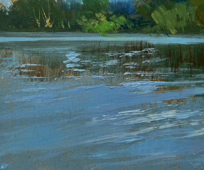 Oil painting River in green embrace by Yuriy Suprunchuk, tranquil lake scene