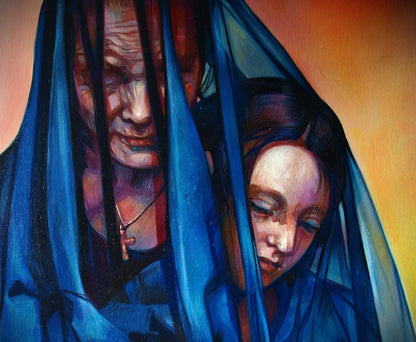 Oil painting Fate by Konsta G. Amelinn: two veiled figures portrait