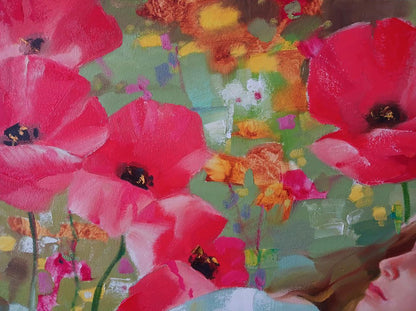 Abstract oil painting of vibrant pink Red poppies by Anatoly Tarabanov