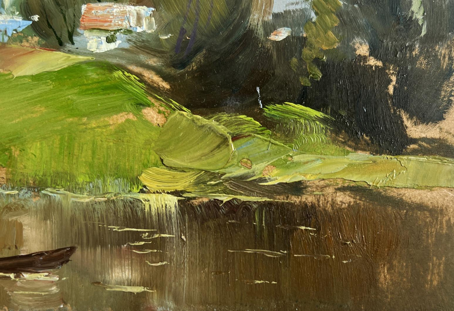 Oil painting of serene landscape with village church by Yuriy Suprunchuk