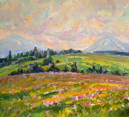 Vibrant Sunny Day oil painting by Leonid Pavlenko: green hills, wildflowers, mountains