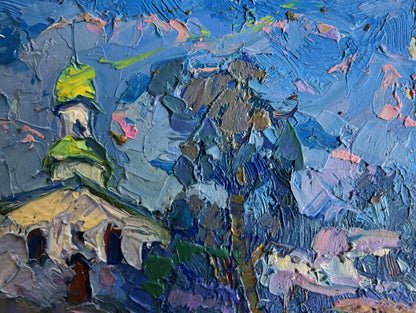 Vibrant impasto oil painting Early in the morning at church by Oksana Ivanyuk