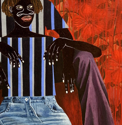 Stylized acrylic painting of figure in blue jeans among scarlet flowers by Akintomide Akinshola