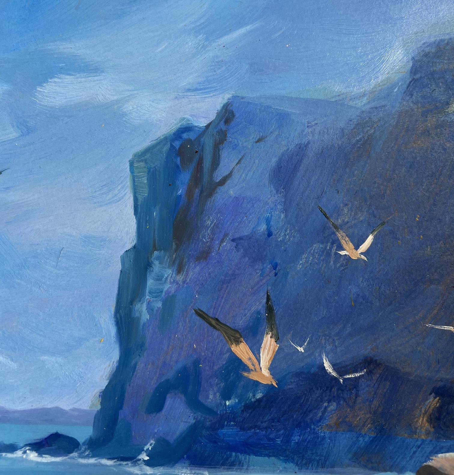 Oil painting Sea Breeze on a Clear Day by Yuriy Suprunchuk: blue cliff, seagulls