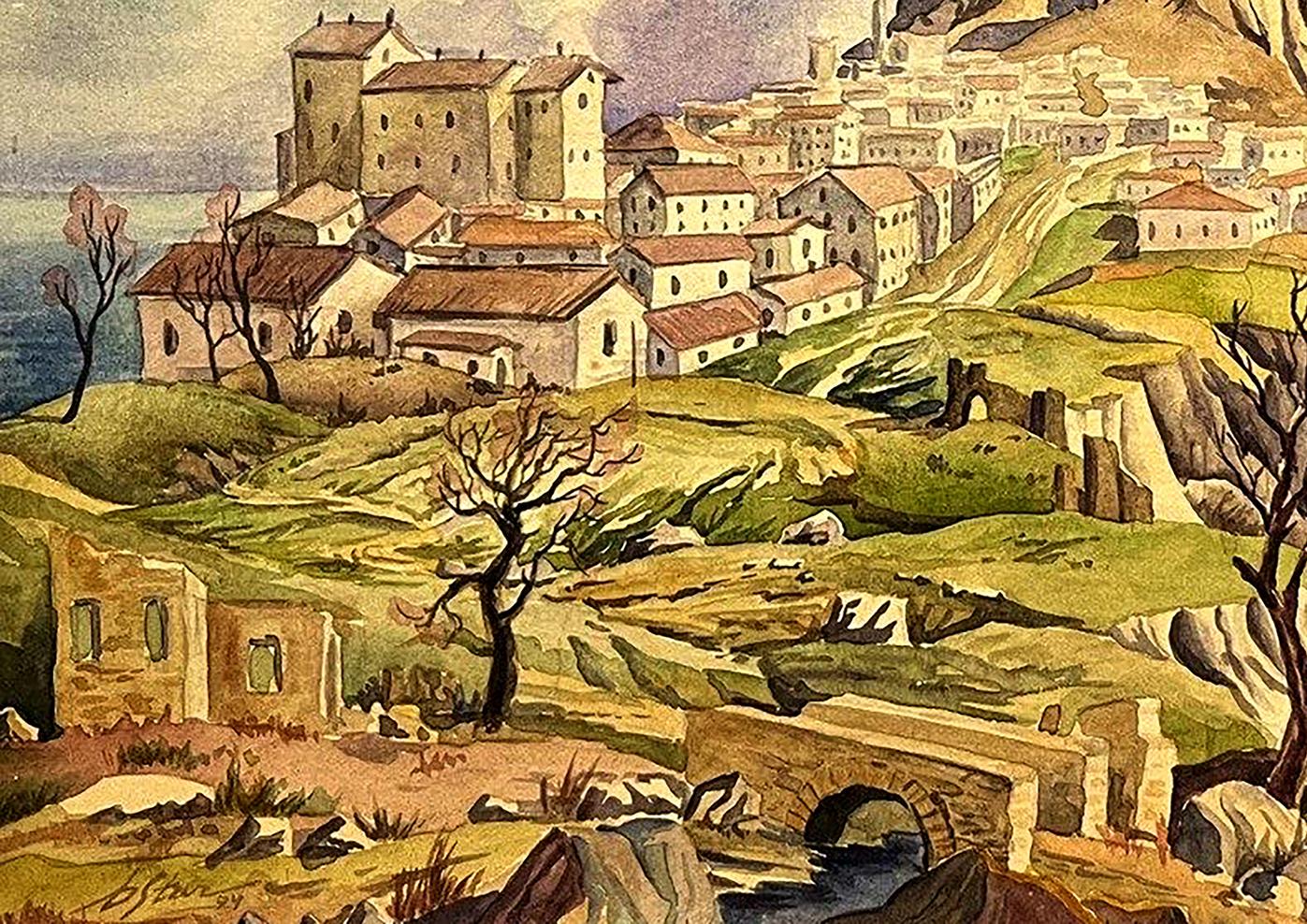 Watercolor painting of Dmytro Startsev city in mountains hillside town
