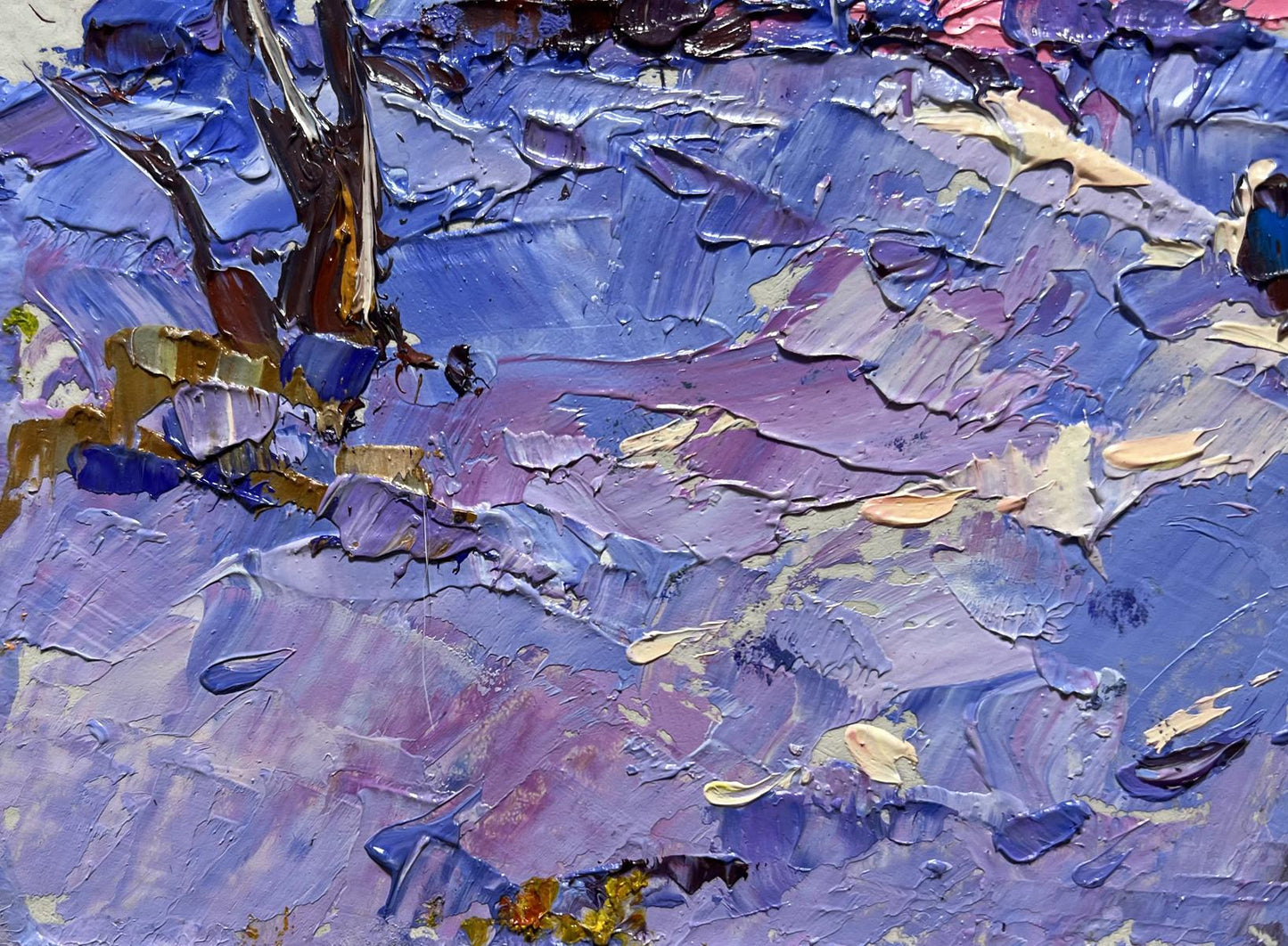 Oil painting Romantic winter evening by Oleksiy Ivanyuk, textured blue purple impasto