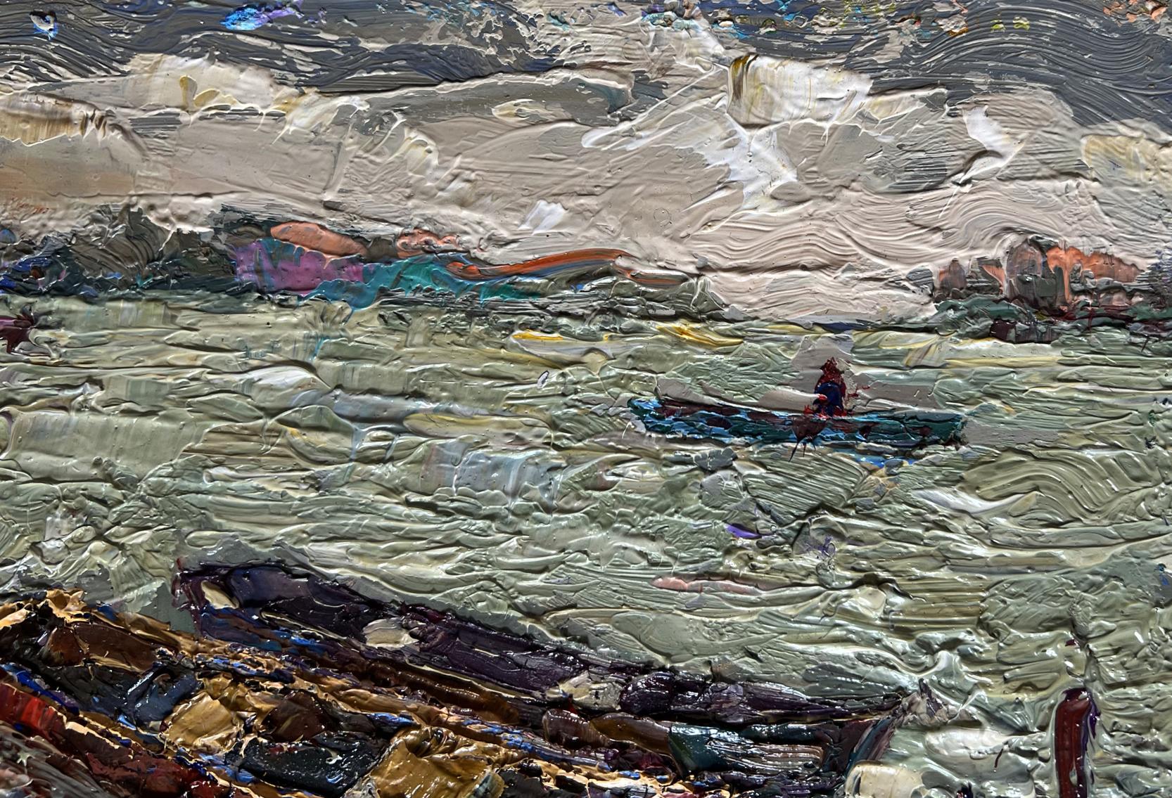 Impressionistic oil painting by Oksana Ivanyuk: lone figure in boat on choppy water near pier