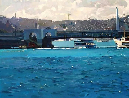 Oil painting of modern suspension bridge by Anastasia Yaroshevich