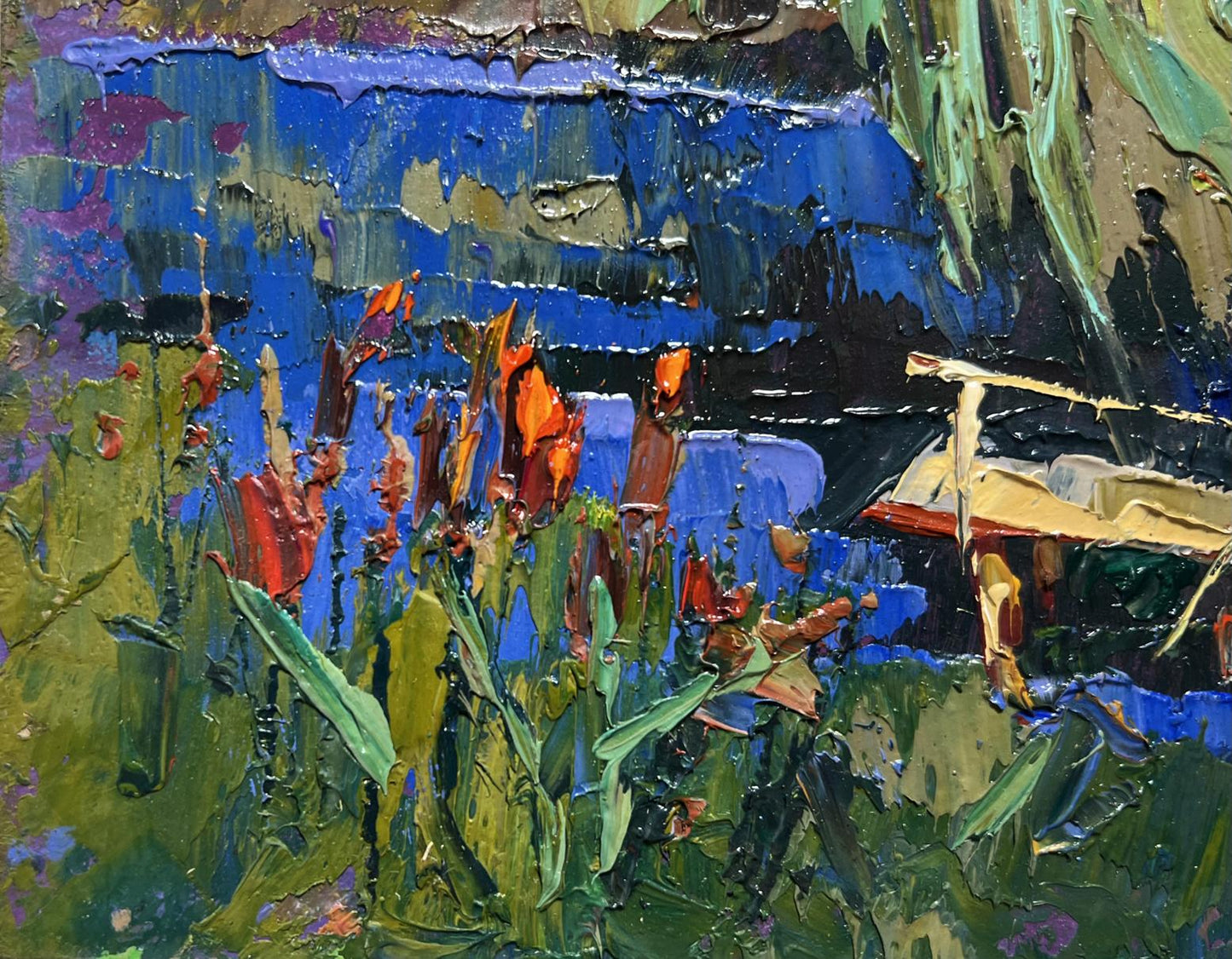 Oil painting At the night lake by Oksana Ivanyuk with vibrant orange red flowers