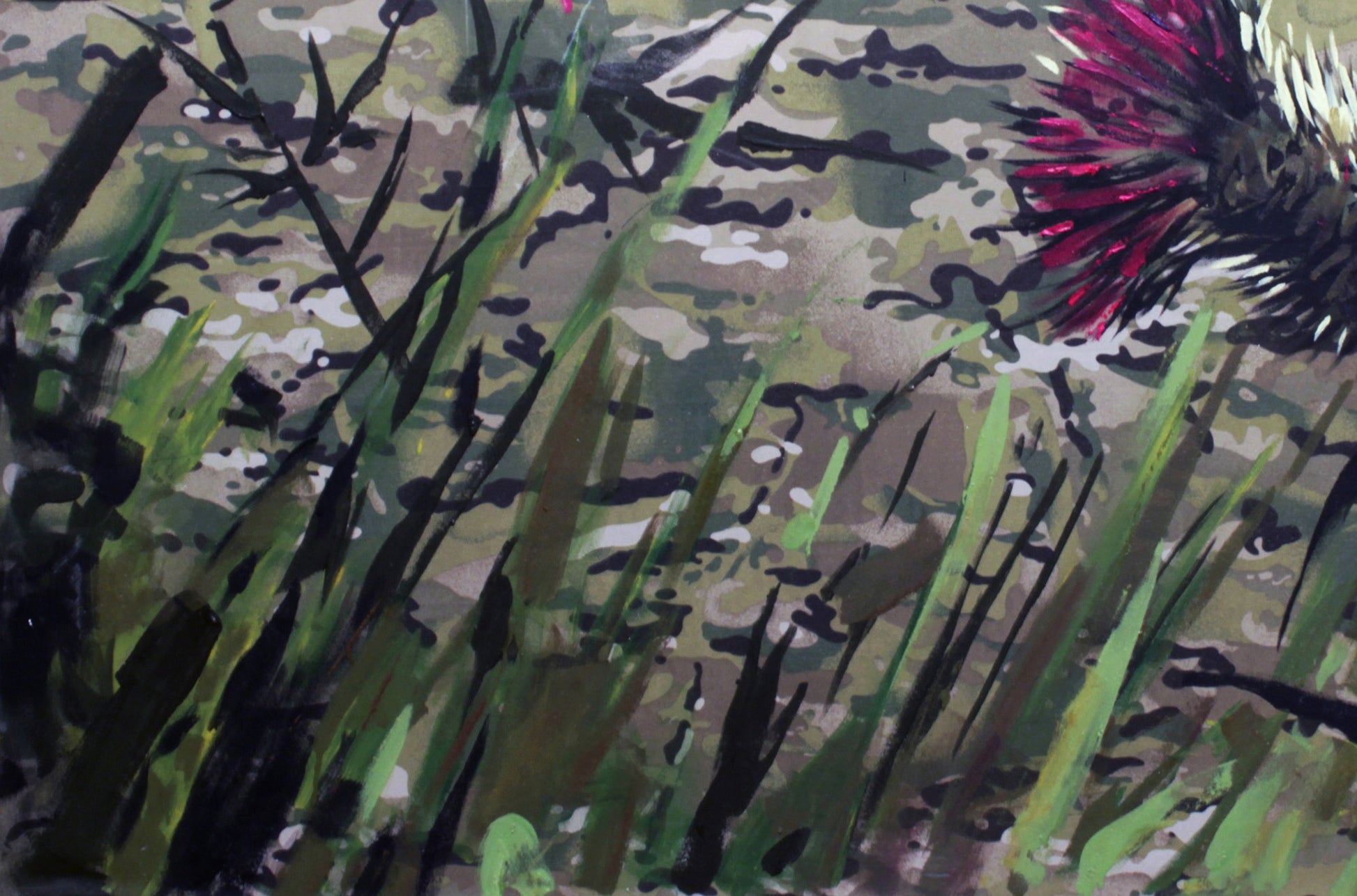 Oil painting of vibrant red thistle by Ed Potapenkov on camo grass